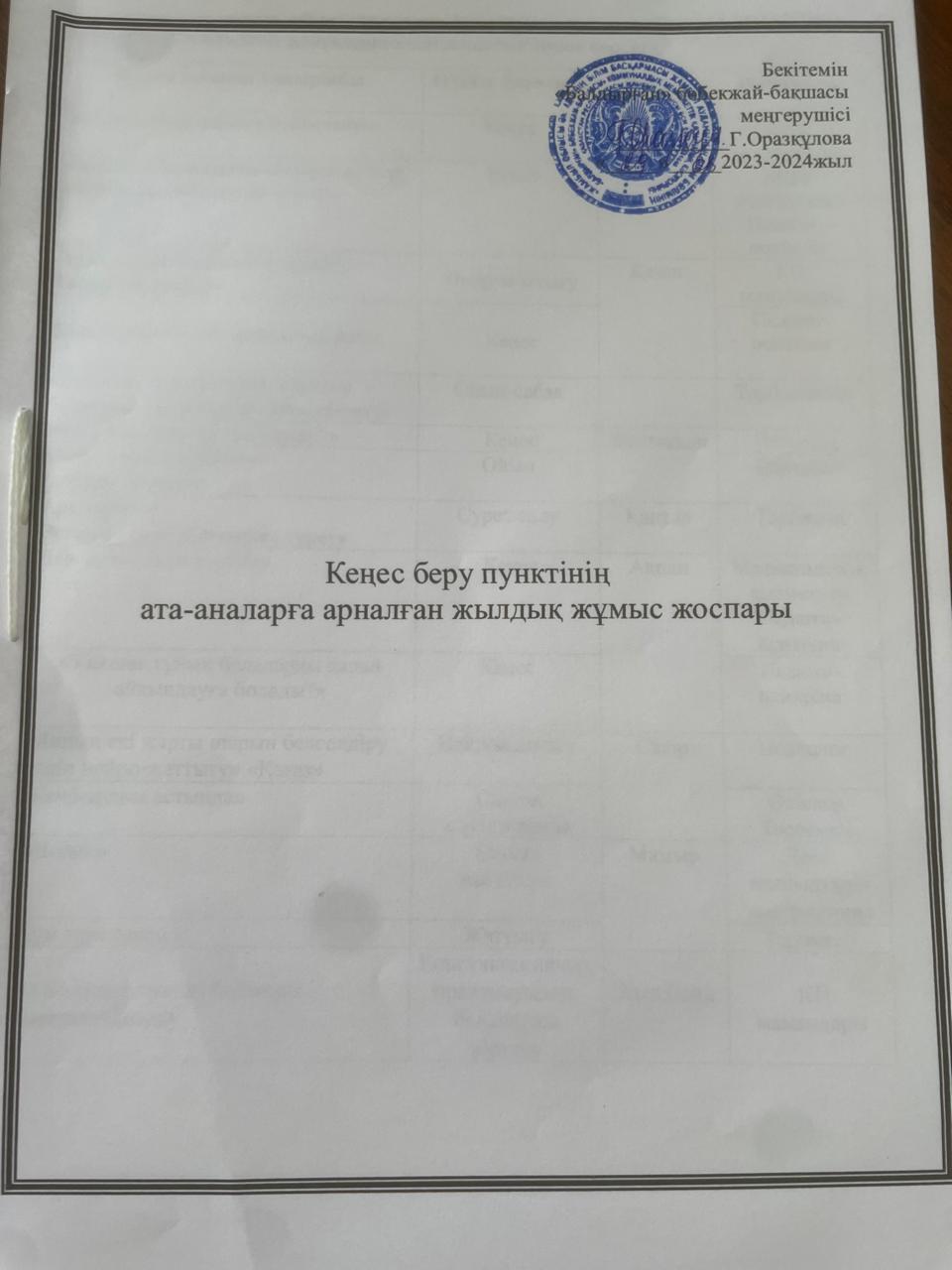 МДҰ-ға қамтылмаған  балалардың  ата - аналарына  арналған  кеңес  беру пунктінің жылдық жұмыс жоспары